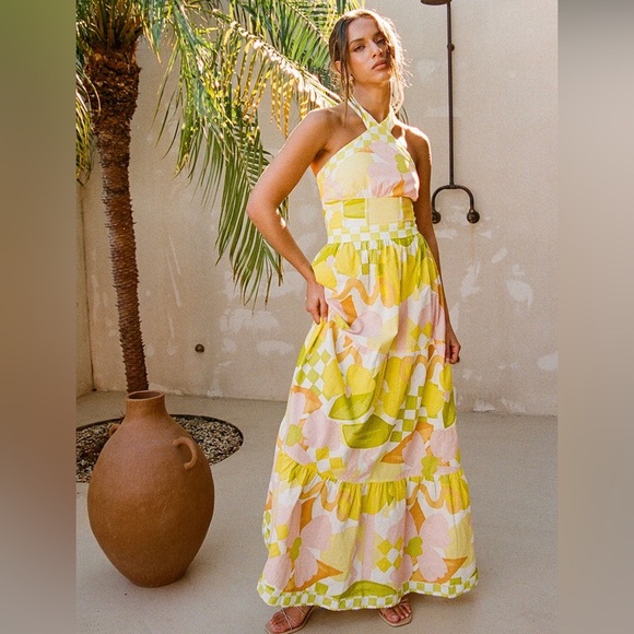 SABO True Dress Checker Floral Print Bright Yellow Linen Cotton Maxi Dress - Picture 1 of 16